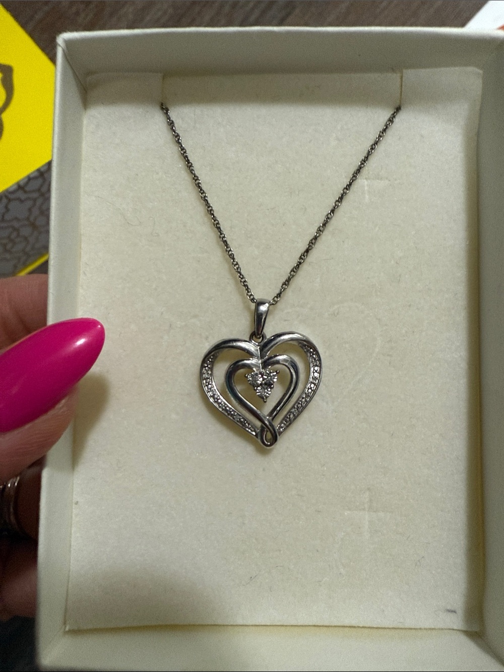 Double Heart Silver Pendant Necklace with diamond Accent - Women Jewelry